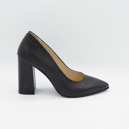 Lichidare stocuri - Pantofi dama din piele naturala neagra, cu varf ascutit stiletto si toc inalt gros de 9 cm 9557-20-26