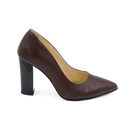 Pantofi elegant & office dama - Pantofi dama din piele naturala maro ciocolata, cu varf ascutit stiletto si toc inalt gros de 9 cm 9557-16-26