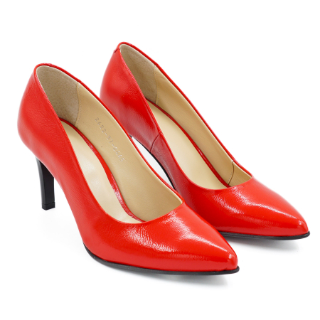 Pantofi dama din piele naturala lacuita rosie, cu varf ascutit stiletto si toc mediu subtire de 7 cm 0445-3-26 [2]