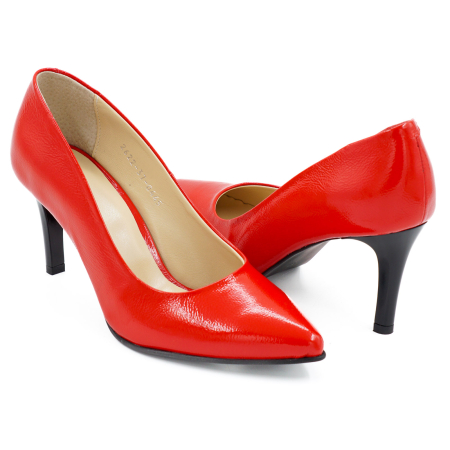 Pantofi dama din piele naturala lacuita rosie, cu varf ascutit stiletto si toc mediu subtire de 7 cm 0445-3-26 [3]
