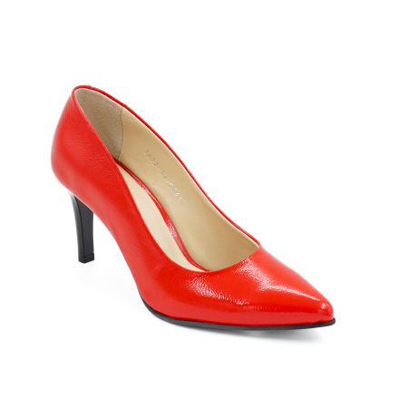 Pantofi dama din piele naturala lacuita rosie, cu varf ascutit stiletto si toc mediu subtire de 7 cm 0445-3-26 [1]