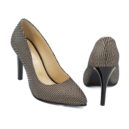 Pantofi dama din piele naturala neagra cu imprimeu auriu, cu varf ascutit stiletto si toc inalt subtire de 9 cm 9557-13-26 [4]