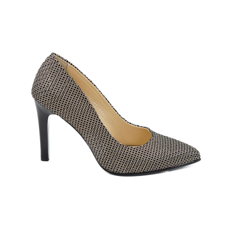 Lichidare stocuri - Pantofi dama din piele naturala neagra cu imprimeu auriu, cu varf ascutit stiletto si toc inalt subtire de 9 cm 9557-13-26