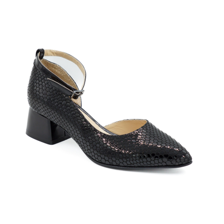 Pantofi dama din piele naturala lacuita neagra cu imprimeu croco, cu varf ascutit stiletto si toc mic gros 4 cm 53324-26 [4]