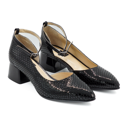 Pantofi dama din piele naturala lacuita neagra cu imprimeu croco, cu varf ascutit stiletto si toc mic gros 4 cm 53324-26 [1]