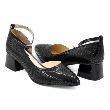 Pantofi dama - Pantofi dama din piele naturala lacuita neagra cu imprimeu croco, cu varf ascutit stiletto si toc mic gros 4 cm 53324-26