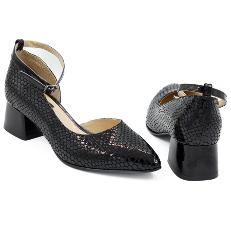 Pantofi dama din piele naturala lacuita neagra cu imprimeu croco, cu varf ascutit stiletto si toc mic gros 4 cm 53324-26 [2]