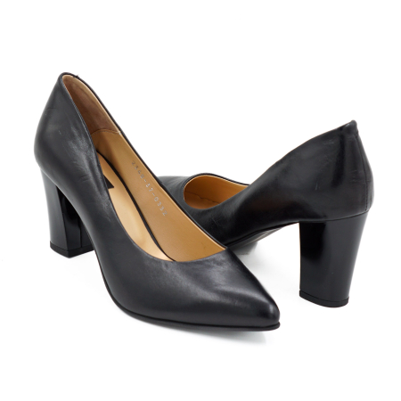 Pantofi dama din piele naturala neagra, cu varf ascutit stiletto si toc mediu gros de 7 cm 0332-26 [3]
