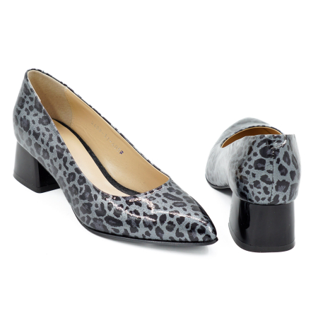 Pantofi dama din piele naturala lacuita gri cu imprimeu leopard, cu varf ascutit stiletto si toc mic gros de 4 cm 4057-3-26 [4]