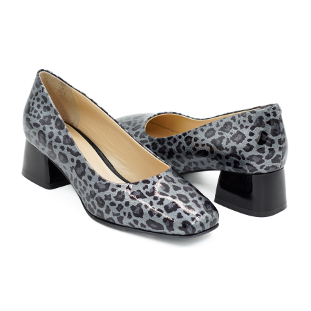 Pantofi dama din piele naturala lacuita gri cu imprimeu leopard, cu varf patrat si toc mic gros de 4 cm 4069-6-26 [3]