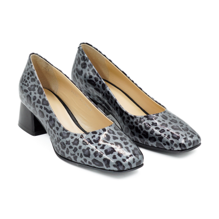 Pantofi dama din piele naturala lacuita gri cu imprimeu leopard, cu varf patrat si toc mic gros de 4 cm 4069-6-26 [2]