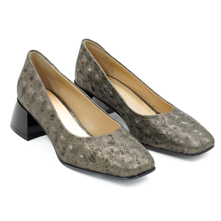 Pantofi dama din piele naturala cu imprimeu 3D olive, cu varf patrat si toc mic gros de 4 cm 4069-7-26 [2]