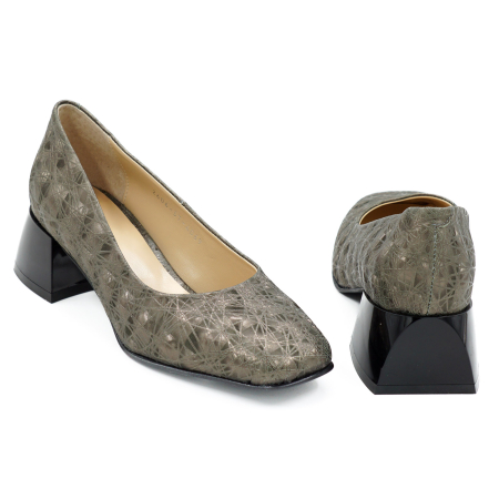 Pantofi dama din piele naturala cu imprimeu 3D olive, cu varf patrat si toc mic gros de 4 cm 4069-7-26 [4]