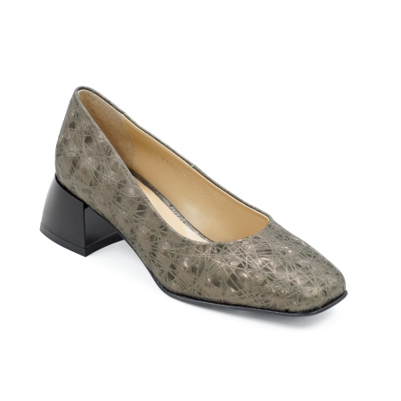 Pantofi dama din piele naturala cu imprimeu 3D olive, cu varf patrat si toc mic gros de 4 cm 4069-7-26 [1]