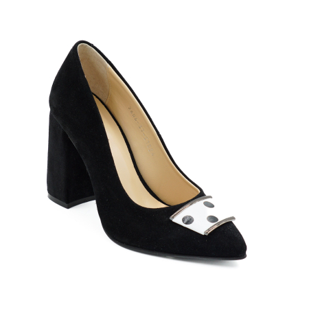 Pantofi dama din piele naturala intoarsa neagra, cu varf ascutit stiletto si toc mediu gros imbracat de 8 cm 51024-26 [2]