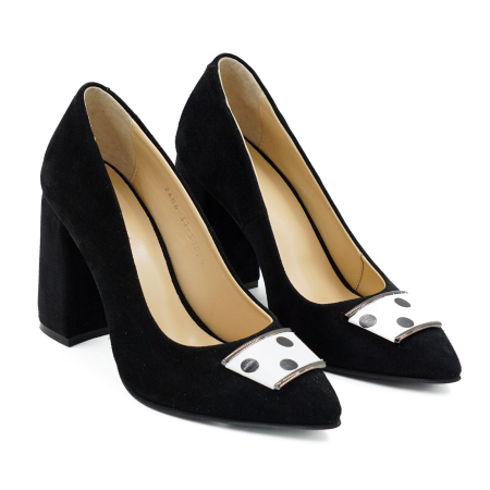 Pantofi dama din piele naturala intoarsa neagra, cu varf ascutit stiletto si toc mediu gros imbracat de 8 cm 51024-26 [3]