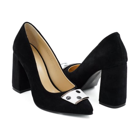 Lichidare stocuri - Pantofi dama din piele naturala intoarsa neagra, cu varf ascutit stiletto si toc mediu gros imbracat de 8 cm 51024-26