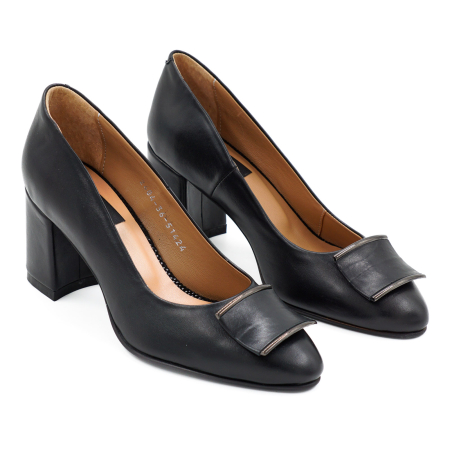 Pantofi dama din piele naturala neagra, cu varf rotund si toc mic gros imbracat de 6 cm 51424-3-26 [2]