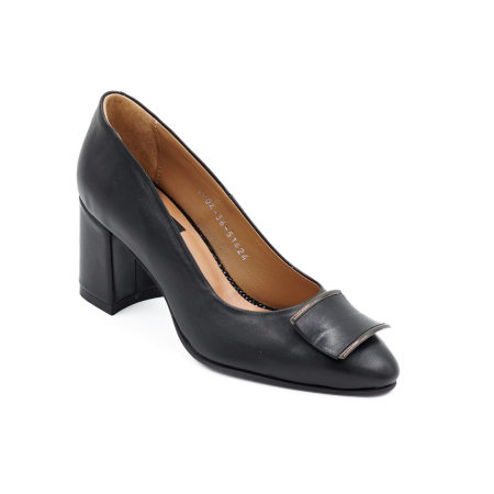 Pantofi dama din piele naturala neagra, cu varf rotund si toc mic gros imbracat de 6 cm 51424-3-26 [1]