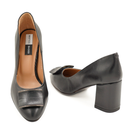 Pantofi dama din piele naturala neagra, cu varf rotund si toc mic gros imbracat de 6 cm 51424-3-26 [5]