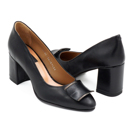 Pantofi dama din piele naturala neagra, cu varf rotund si toc mic gros imbracat de 6 cm 51424-3-26 [3]