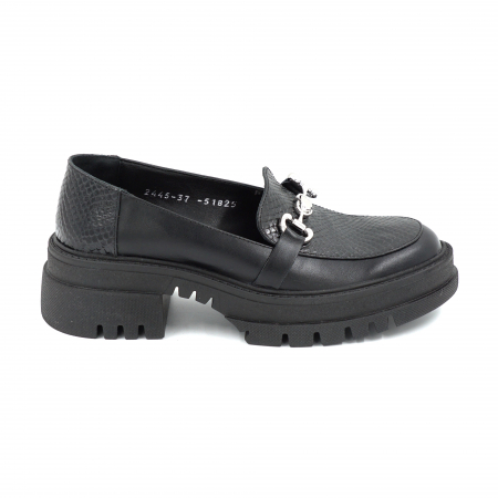 Pantofi casual & sport dama - Pantofi dama casual loafers din piele naturala neagra cu varf rotund si talpa 4 cm 51825-25