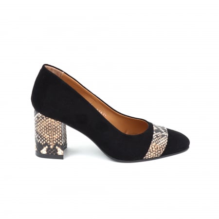 Pantofi dama din piele naturala intoarsa neagra si cu imprimeu sarpe maro cu negru cu varf ascutit si toc mediu gros imbracat de 7 cm 52619-25 [3]