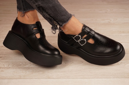 Pantofi dama casual din piele naturala neagra  cu varf rotund si talpa inalta 4 cm 51021-21 [1]