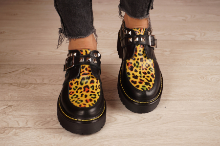 Pantofi dama casual loafers din piele naturala neagra si cu imprimeu animal print cu varf rotund si talpa 4 cm  53221-21 [3]
