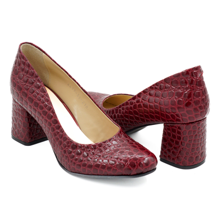 Pantofi dama din piele naturala croco visiniu cu varf rotund si toc mic gros imbracat 6 cm 0210-26 [3]