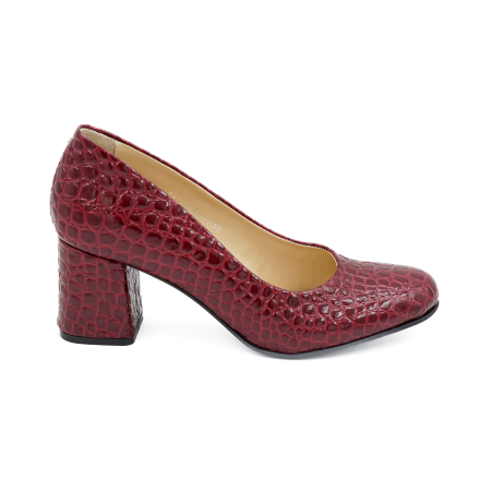 Pantofi dama - Pantofi dama din piele naturala croco visiniu cu varf rotund si toc mic gros imbracat 6 cm 0210-26