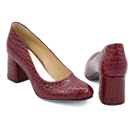 Pantofi dama din piele naturala croco visiniu cu varf rotund si toc mic gros imbracat 6 cm 0210-26 [4]