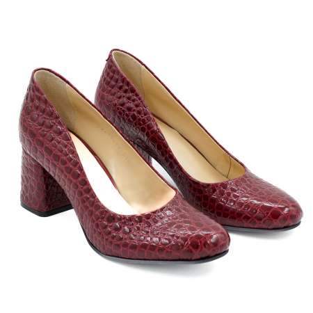 Pantofi dama din piele naturala croco visiniu cu varf rotund si toc mic gros imbracat 6 cm 0210-26 [2]