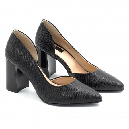 Pantofi dama din piele naturala neagra cu varf ascutit stiletto si toc mediu gros 8 cm 53024-3-25 [1]
