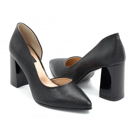 Lichidare stocuri - Pantofi dama din piele naturala neagra cu varf ascutit stiletto si toc mediu gros 8 cm 53024-3-25