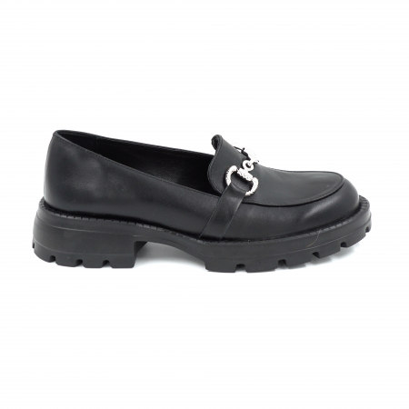 Pantofi casual & sport dama - Pantofi dama casual loafers din piele naturala neagra cu varf rotund si talpa de 3 cm 52925-25