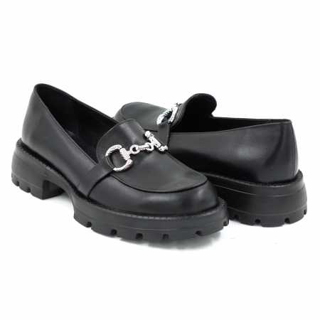 Pantofi dama casual loafers din piele naturala neagra cu varf rotund si talpa de 3 cm 52925-25 [3]