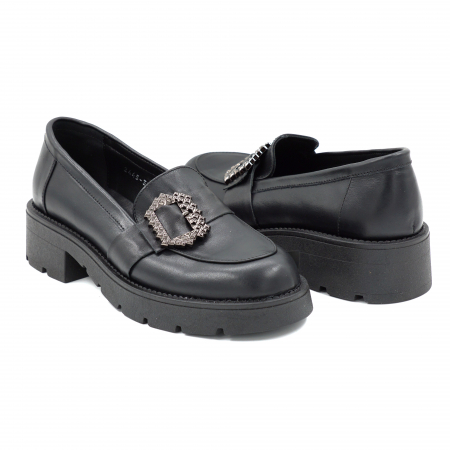 Pantofi dama casual loafers din piele naturala neagra cu varf rotund si talpa de 4 cm 52825-25 [3]