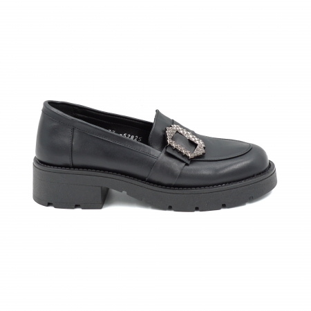 Pantofi casual & sport dama - Pantofi dama casual loafers din piele naturala neagra cu varf rotund si talpa de 4 cm 52825-25