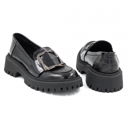 Pantofi dama casual loafers din piele naturala lacuita negagra cu varf rotund si talpa de 4 cm 52025-25 [4]