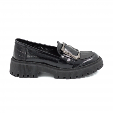 Pantofi casual & sport dama - Pantofi dama casual loafers din piele naturala lacuita negagra cu varf rotund si talpa de 4 cm 52025-25