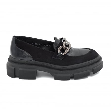 Pantofi casual & sport dama - Pantofi dama casual loafers din piele naturala neagra cu varf rotund si talpa de 4 cm 63520-25