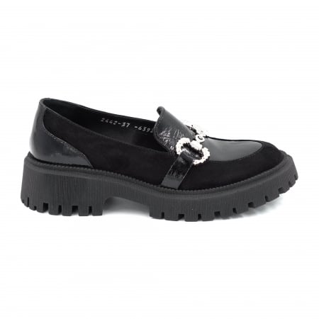 Pantofi casual & sport dama - Pantofi dama casual loafers din piele naturala neagra cu varf rotund si talpa de 4 cm 63920-25