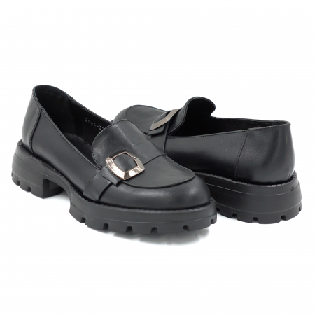 Pantofi dama casual loafers din piele naturala neagra cu varf rotund si talpa de 4 cm 51125-25 [3]