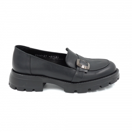 Pantofi casual & sport dama - Pantofi dama casual loafers din piele naturala neagra cu varf rotund si talpa de 4 cm 51125-25