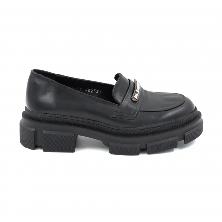 Pantofi casual & sport dama - Pantofi dama casual loafers din piele naturala neagra cu varf rotund si talpa 4 cm 53325-25