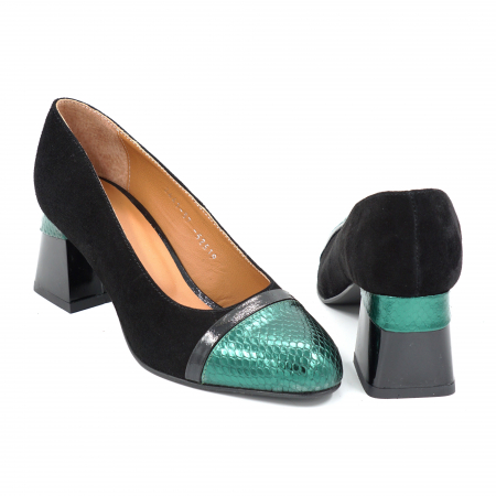 Pantofi dama din piele naturala intoarsa neagra si cu imprimeu sarpe verde metalizat cu varf rotund si toc mic gros de 6 cm 52519-25 [4]