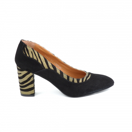 Pantofi elegant & office dama - Pantofi dama din piele naturala intoarsa neagra si cu imprimeu zebra auriu cu negru cu varf ascutit si  toc mediu gros imbracat 7 cm 50520-25