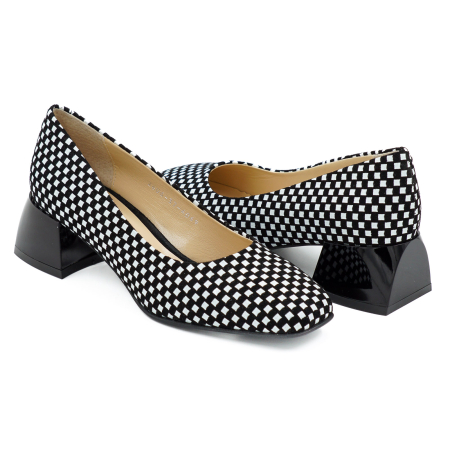 Pantofi dama din piele naturala cu imprimeu negru cu alb, cu varf patrat si toc mic gros de 4 cm 4069-3-26 [3]