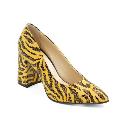 Pantofi dama din piele naturala galben mustar cu imprimeu negru, cu varf ascutit stiletto si toc mediu gros imbracat de 8 cm 8057-3-26 [1]
